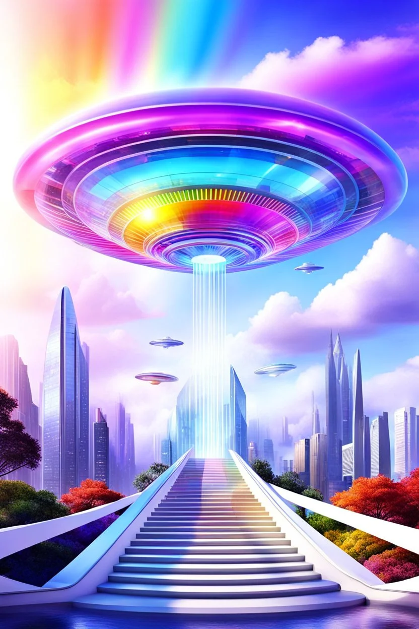 Ufo rainbow, futuriste ultra moderne,stairway to heaven,crystal very beautiful city