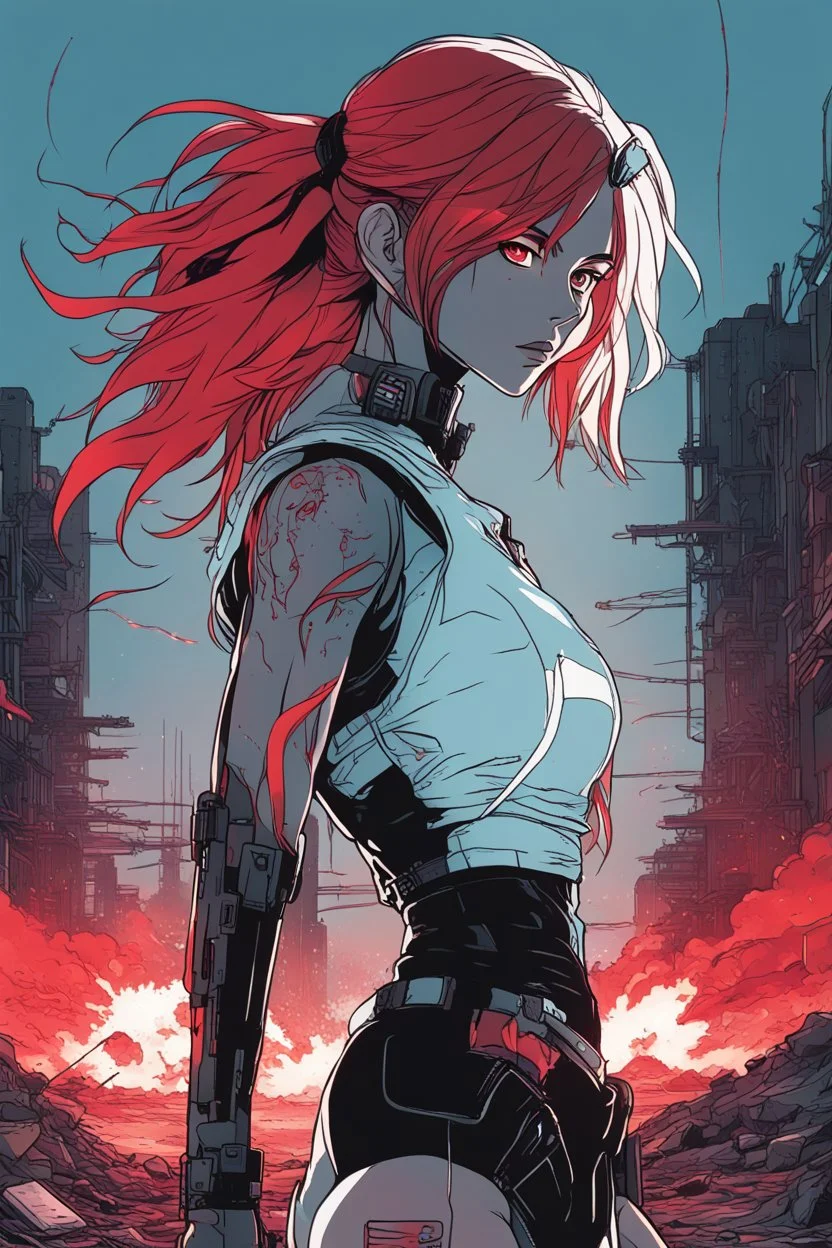 Dark outline line art anime style of a silhouette of a cyberpunk-inspired woman standing in front of a landscape shot of an active war zone with distant explosions, light black and red long hair, light blue eyes, short red and white tank top, (looking intently at viewer), (viewer from low ground level view with focus on eyes), (inspired by Cyberpunk mixed with Fate: Grand Order), (vibrant colors with dark outlines and shadows), (explosions and smoke in synthwave background), (giant planet in far