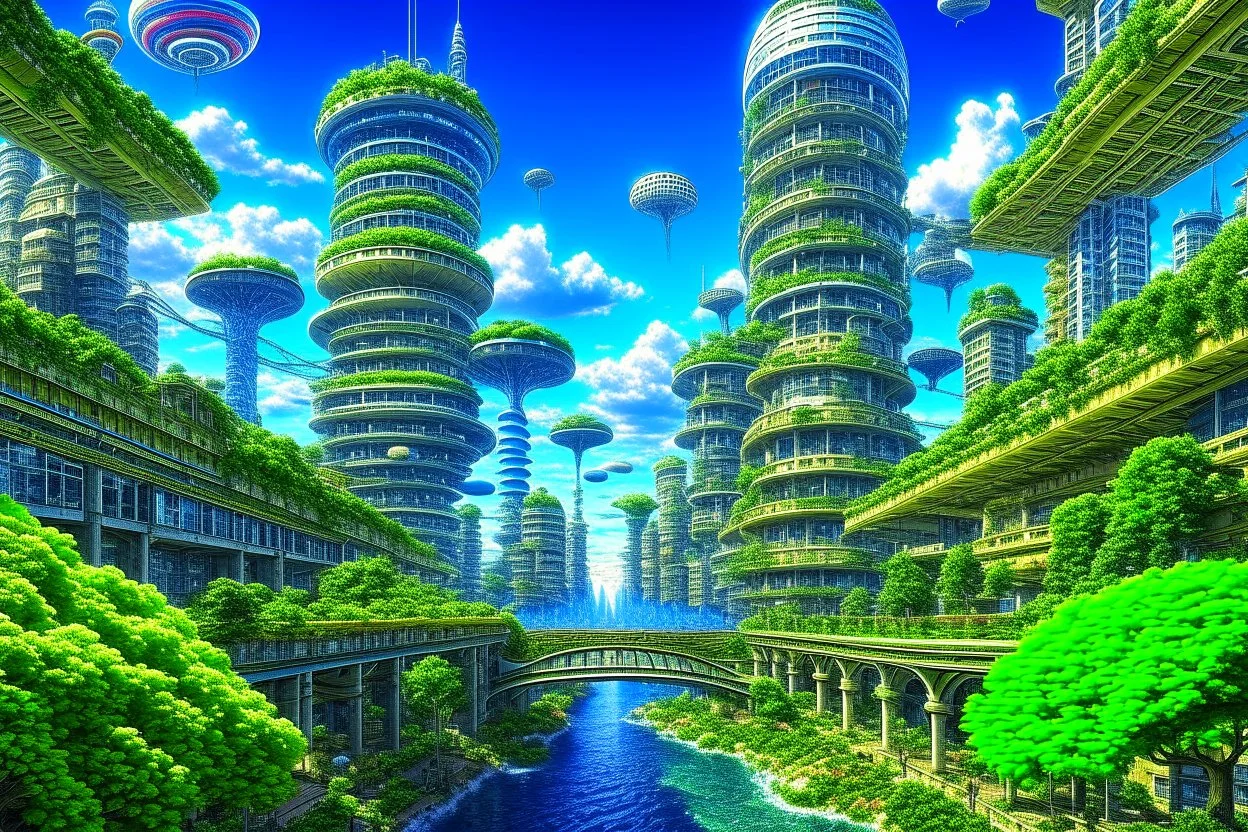 detailed alien cityscape, buildings with balconies, tracks, roads, paths, river, trees, dense foliage, blue sky, white clouds