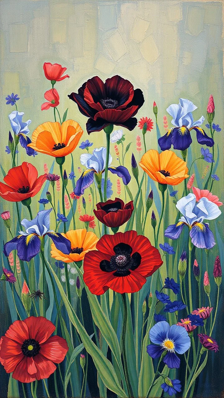 blooming garden of poppies and iris Painting in Bosch painting art style painted by Patrick heron , source pinterest , singular or devian art , black rose in the middle.