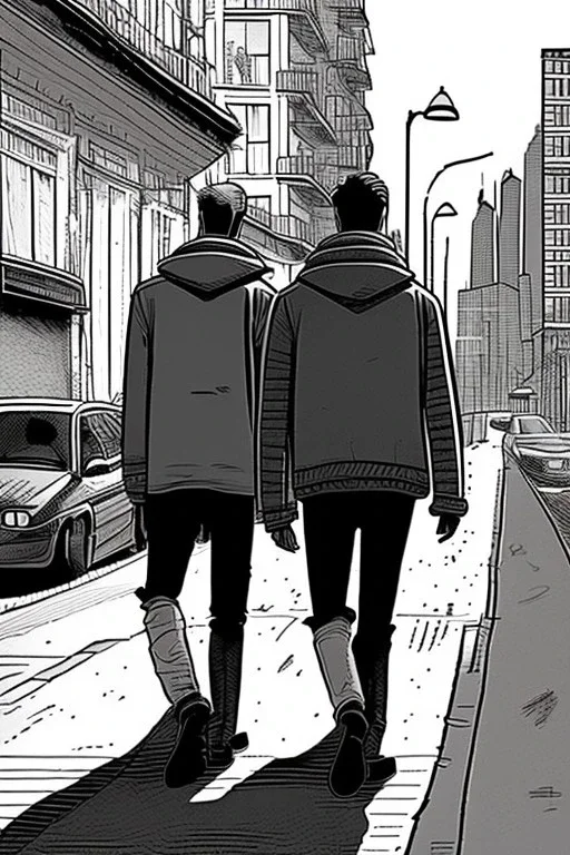 Street, two men walking. Graphic novel style Isabel Kreitz