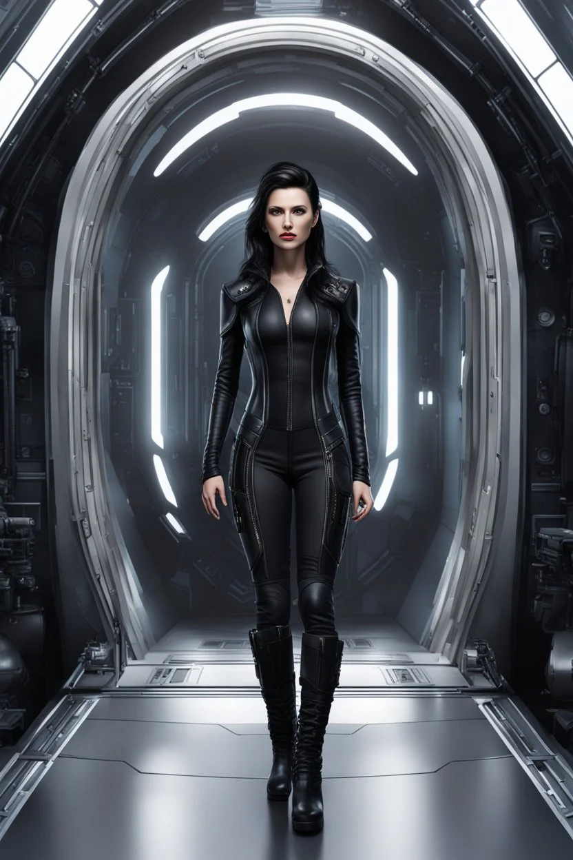 photorealistic slim woman looking like Drusilla with black boots standing at the entrance to a spaceship