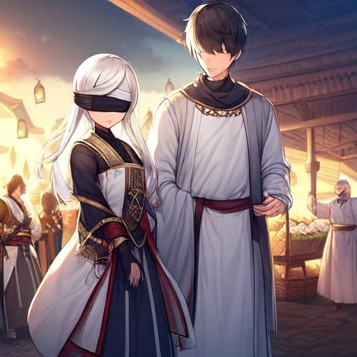 White haired girl with blindfold wearing white robes. Boy with black hair in peasant clothes. Background medieval market