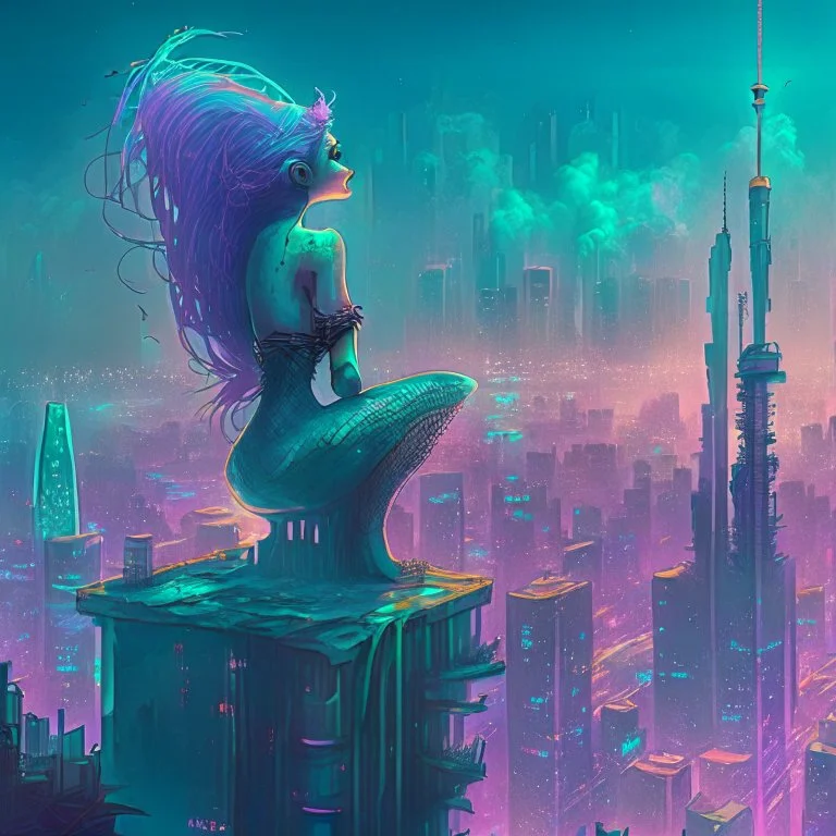 A mermaid perched atop a skyscraper, looking out at the towering neon buildings that jut out of the polluted, smog-filled horizon.