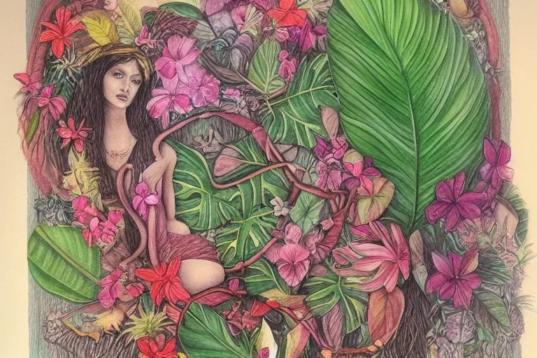 Lilith, Goddess, tropical flowers, realistic heart drawing, crystals, tropical leaves, sacred altar, Fantasy home, Helen