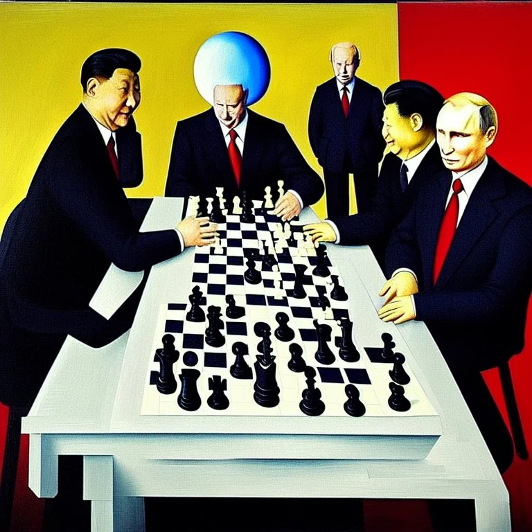 Putin, President Xi Of China And Joe Biden Play Chess With A Pigeon,Ufo And Atomic Bomb Mushroom Cloud,Complex Surgical Instruments Intermixed With A Newborn Boy,Minimalism,Painting By Adrian Ghenie,Rene Magritte,Pablo Picasso,Michelangelo,Salvador Dali,Lucian Freud