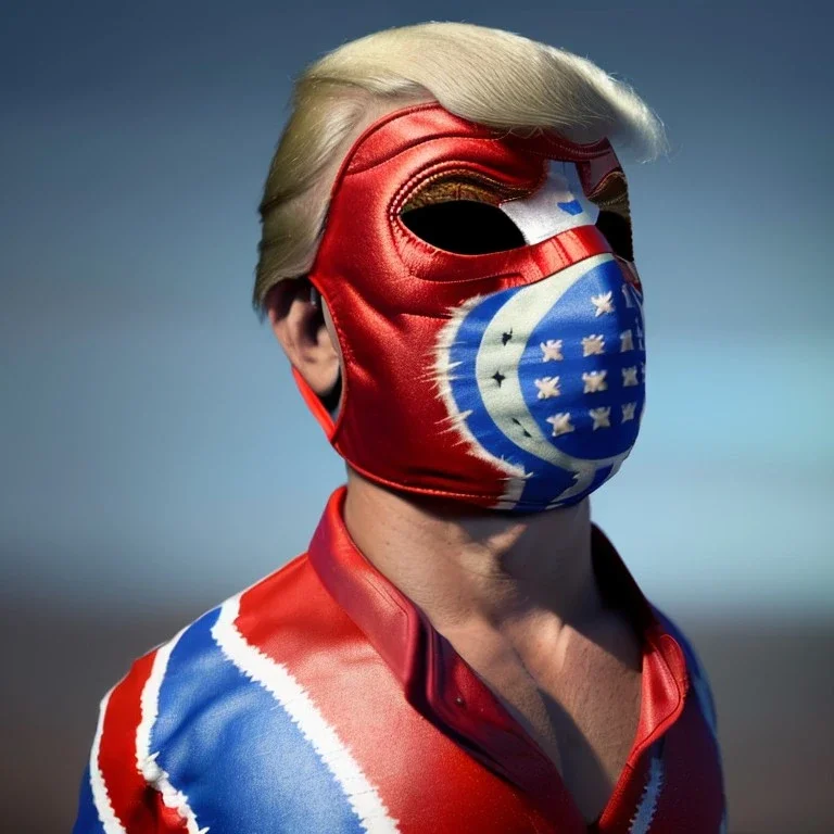 Only one, Realistic image of Donald trump wrestler, Mexican wrestling style, Mexican eyes wrestling mask, red and blue breeches, suspenders, retro style, 80s, vibrant color, highly detailed, sky background, concept art, unreal engine 5, god rays, ray tracing, RTX, lumen lighting, ultra detail, volumetric lighting, 3d, finely drawn, high definition, high resolution.