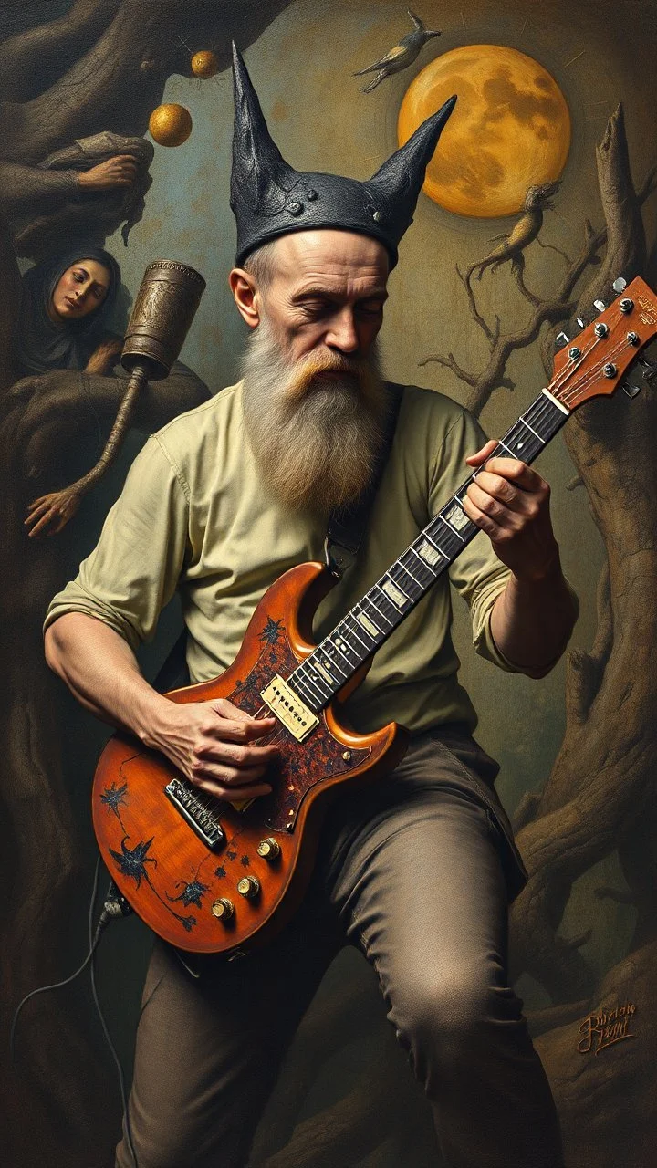 Hieronymus Bosch style , a a bold man playing the electric guitar