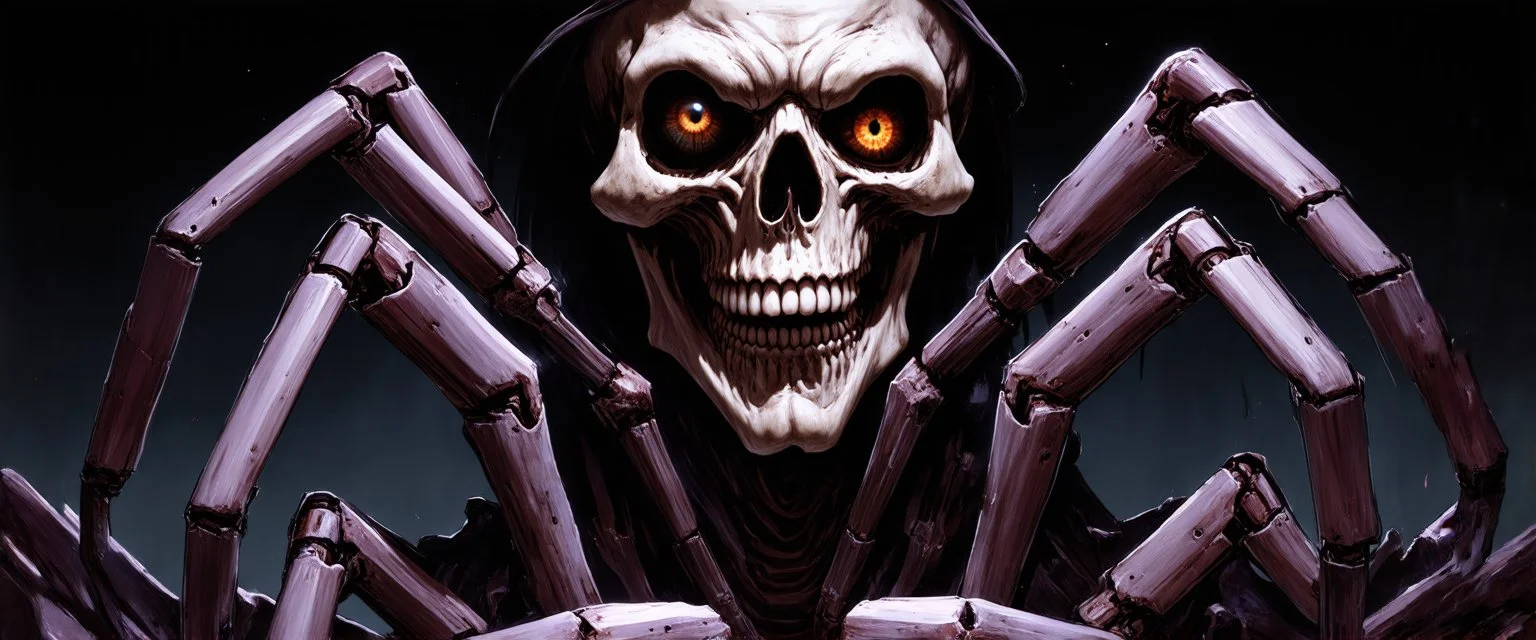 Death warmed over is a half flesh half machine version of the grim reapler with 8 spider like eyes and a central eye to see everying else.