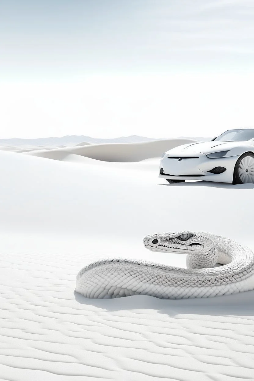All white textured cobra car at the background , in a white desert sands a small Aloe vera., a white big king cobra snake ready to attack with her head