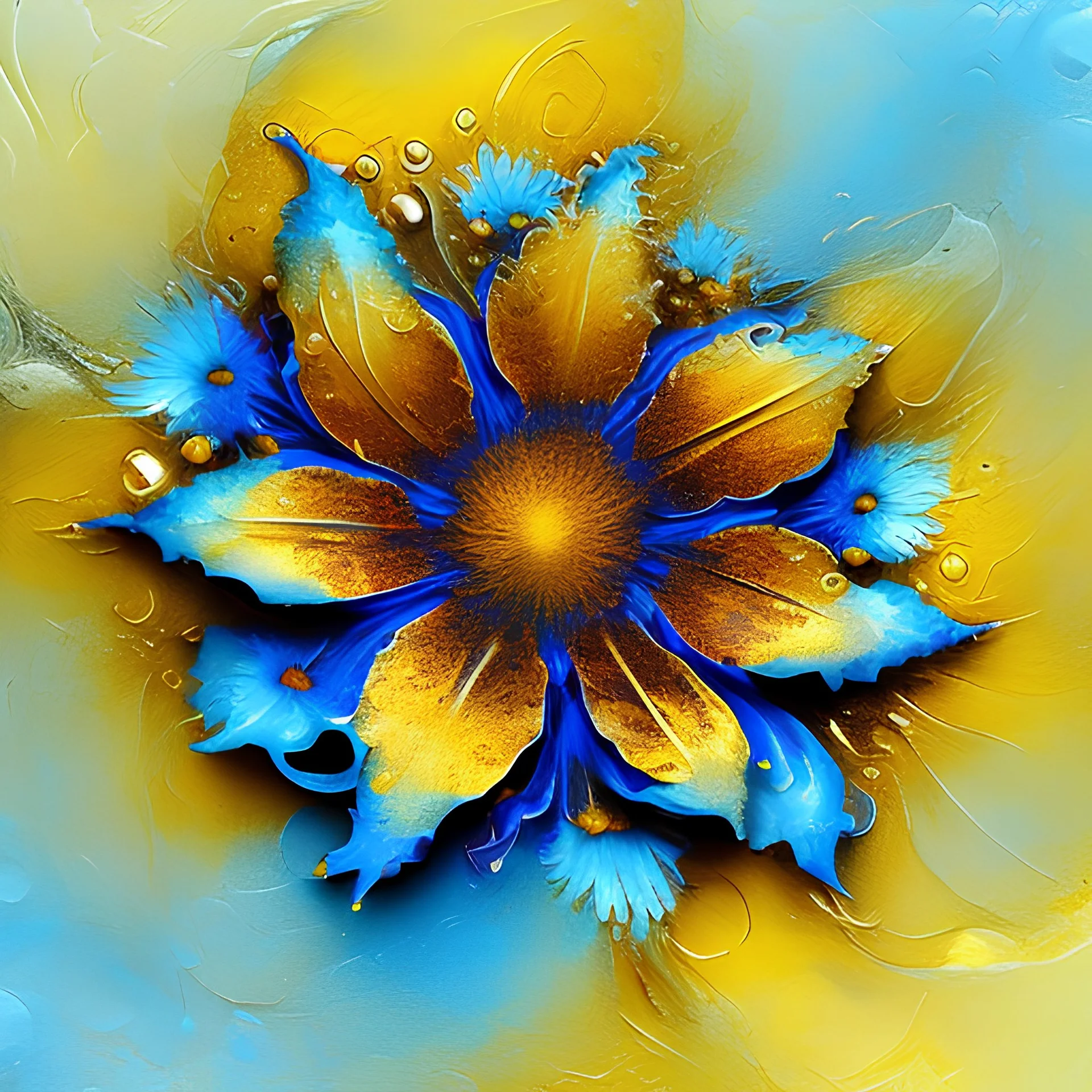 Beautiful alcohol ink flowers with brass metal edging, multidimensional in 3D, impasto, multimedia style, 16k yellow and blue blossom.