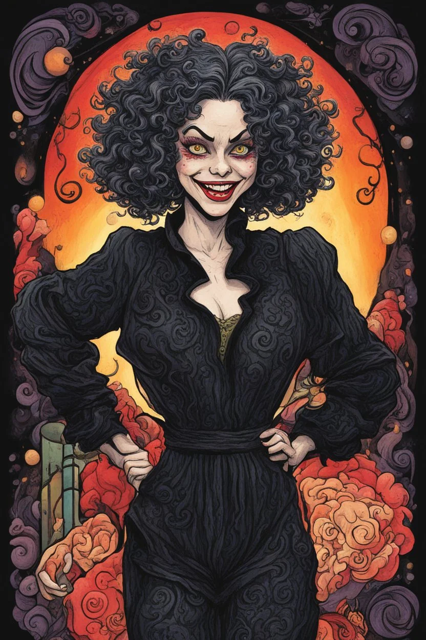 a cartoon illustration of a schizophrenic curly, short haired vampire girl in a black jumpsuit, in the cartoon style of Lynda Barry , Ernie Pook's Comeek, vibrant natural colors, , museum quality masterpiece