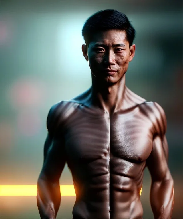 Ultra realistic photographic night portrait, cinematic, naked, young, Asian, all shaved <strong man> <hanging wires> <many wires connected to the head> <perfect pupil> <cyborg> <garage> <long shot view> <sci-fi futuristic> <thriller>, fog, soft color, highly detailed, unreal engine 5, ray tracing, RTX, lumen lighting, ultra detail, volumetric lighting, high definition.