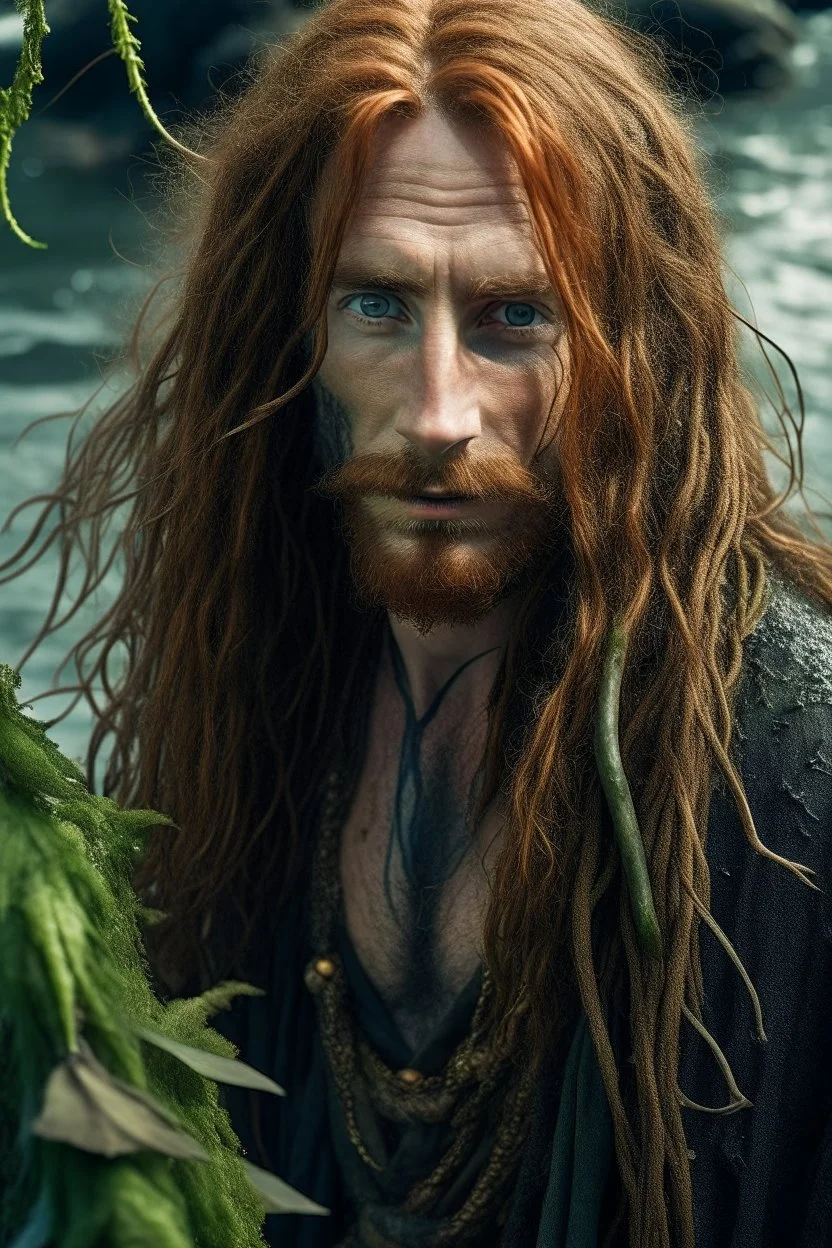 rugged wet pirate nereid male with seaweed in long auburn hair