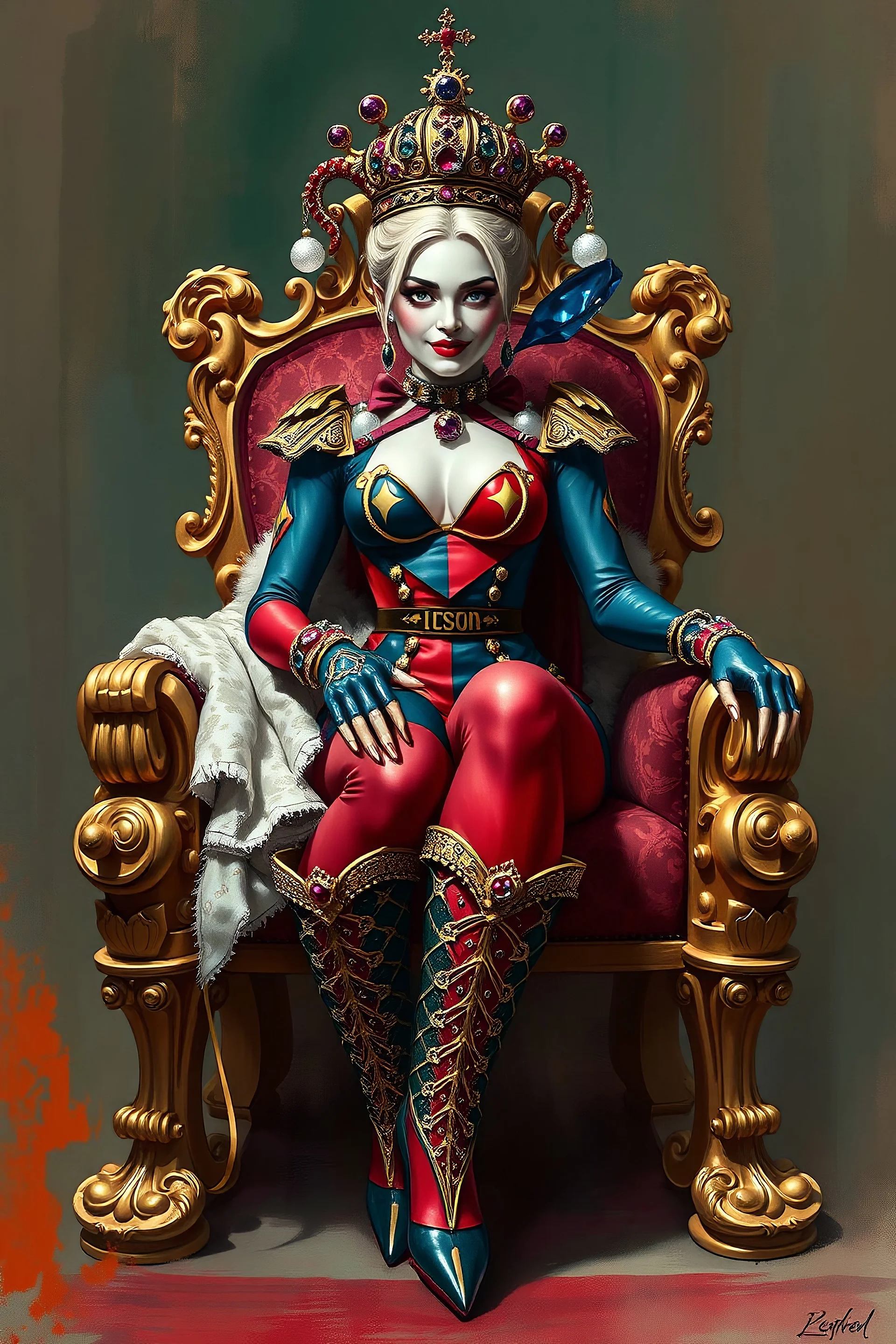 Gorgeous Harley Quinn, resplendent in a lavish, gemstone-encrusted crown and opulent royal regalia, ornate boots, sits poised on an ornate, gilded throne, exuding an air of majesty and mischief, as rendered in the meticulous, with bold brushstrokes and vivid, dynamic colours, blending the sensibilities of classical portraiture with the kinetic energy of comic book art, evoking the grandeur of Renaissance-era monarchs.