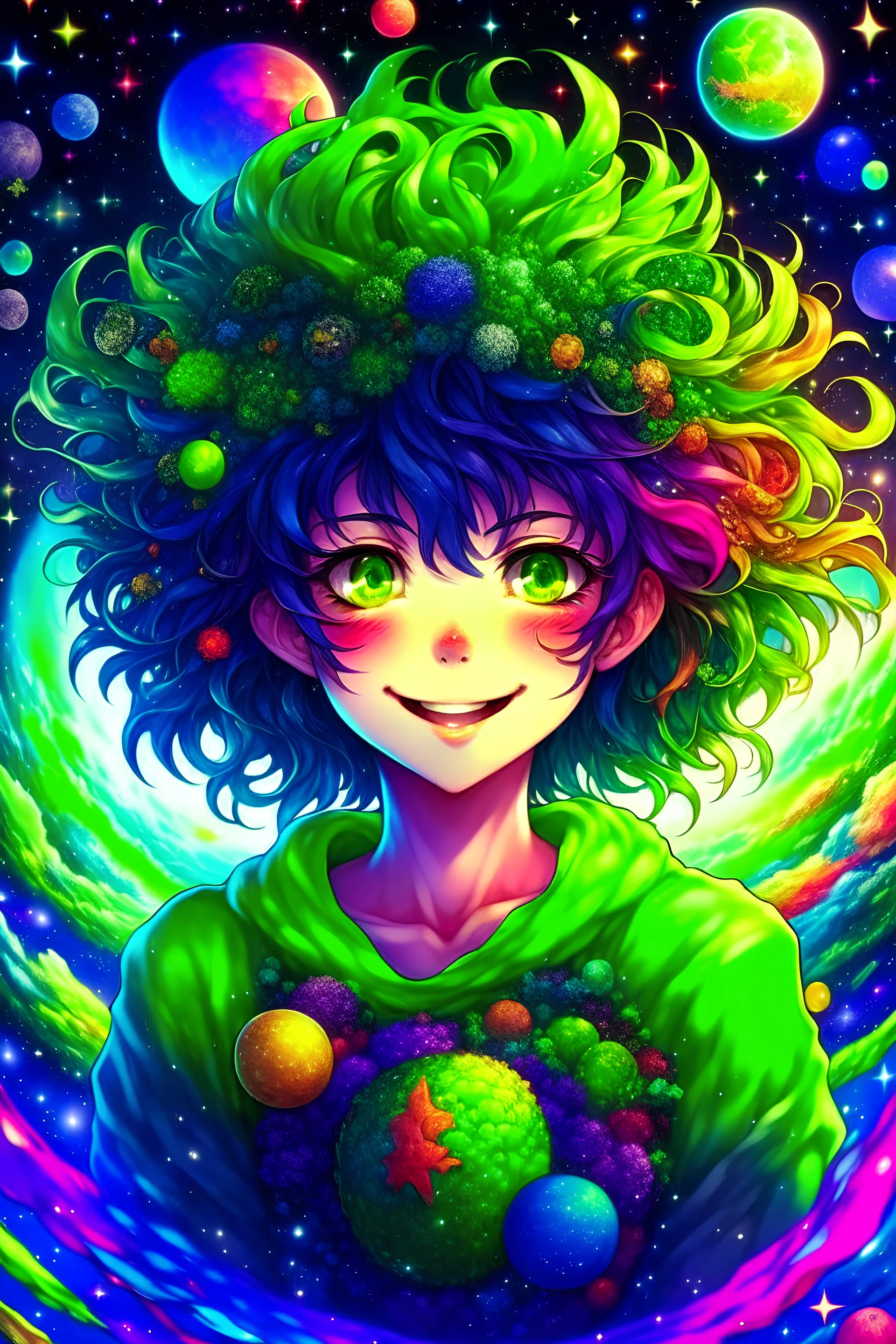 1 Guy, good looking, crazy hair, evil grin, detailed eyes, one rainbow colored eye, one green and yellow eye, galaxy background, lots of magic floating around, holding a planet in right hand, a girl, cute face, upper body, two legs, beautiful detailed eyes, stars in the eyes, messy floating hair, colored inner hair, Starry sky adorns hair, lots_of_big_colorful_Bubble, pearl, Galaxy, depth of field,1 anime dragon girl, 1 anime demon girl, 1 anime angel girl, 8k,