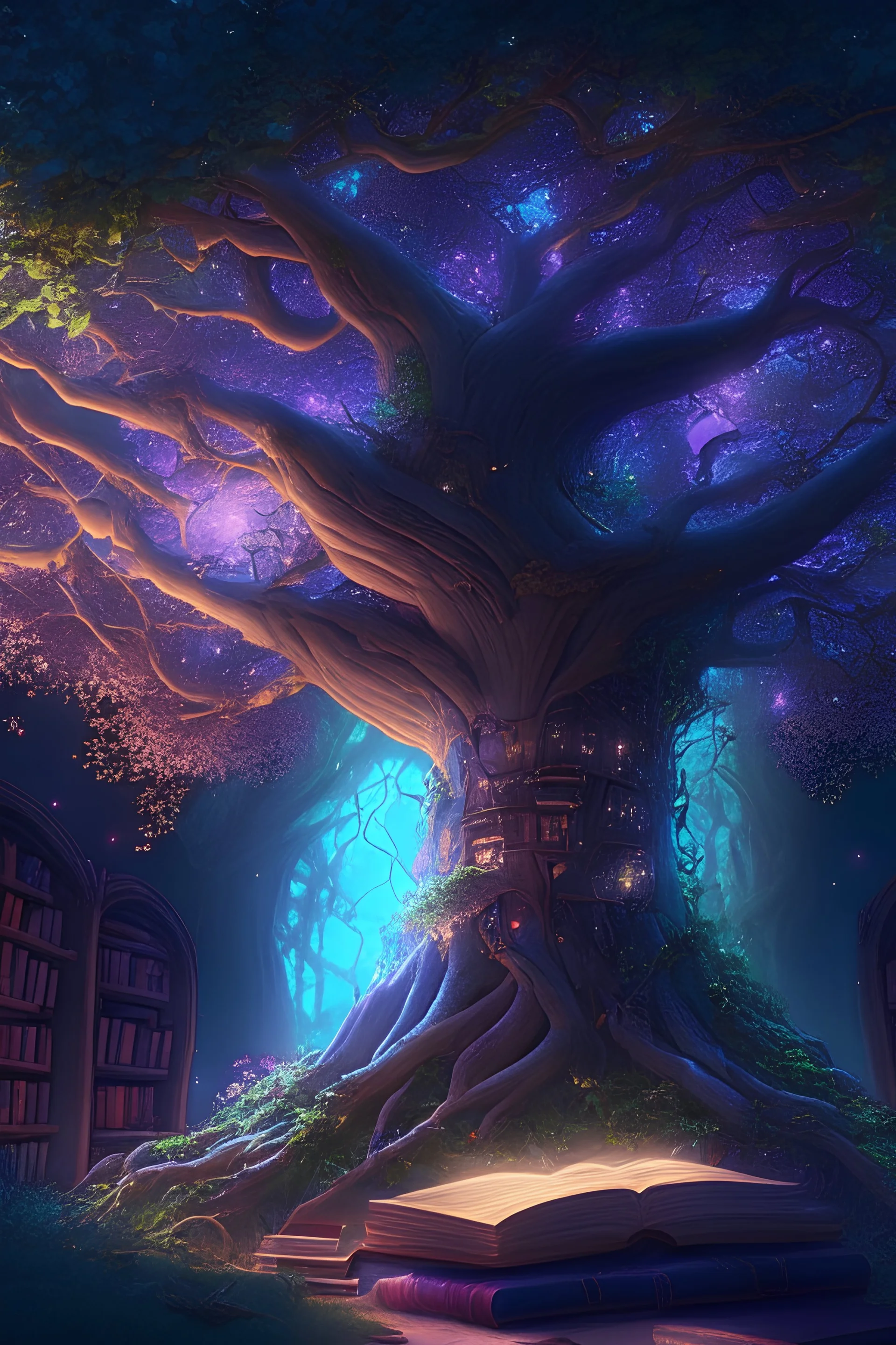 Enchanted libriary filled with ancient tomes of knowledge and magic, mysterious aura and giant tree, 4k resolution, hyper detailed