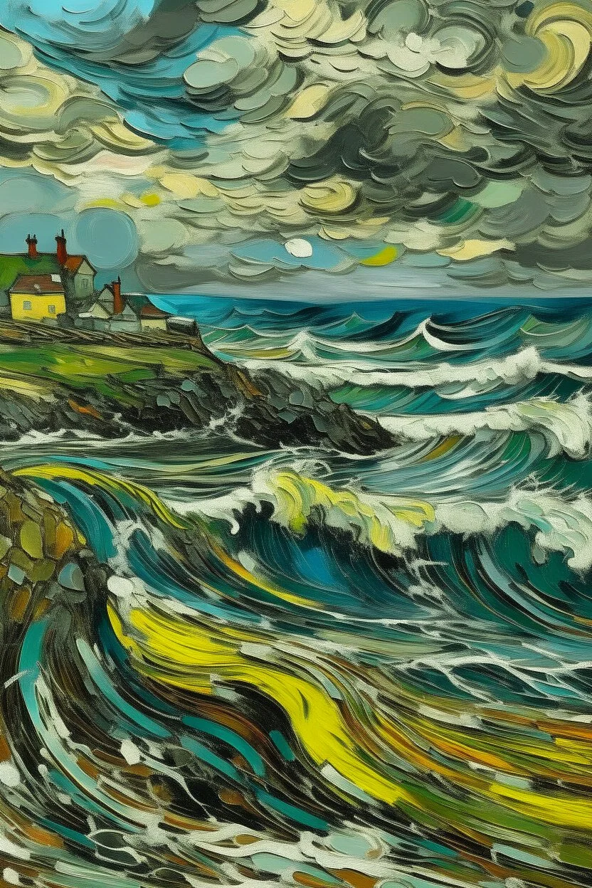 Stormy weather over cornwall in the style of van gough