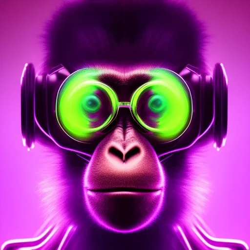 A beautiful portrait of a cyborg monkey purple neon color scheme, high key lighting, volumetric light high details psychedelic background