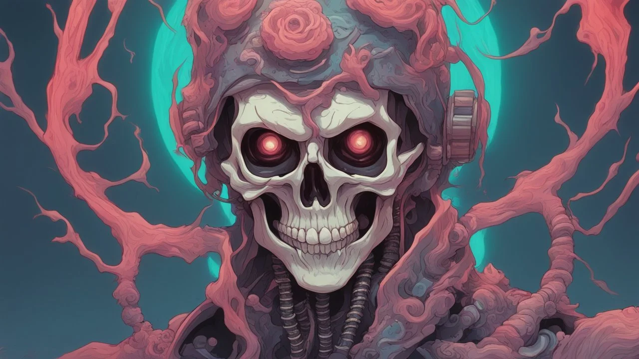 a close up of a person with a skull on their head, anime skull portrait man, scary detailed art in color, hiroyuki-mitsume takahashi, nychos art aesthetic, half man half skeleton, anime cyberpunk art, colored manga art, rossdraws pastel vibrant, hot colors. insanely detailed, beautiful anime portrait, stunning anime face portrait, scary art in color