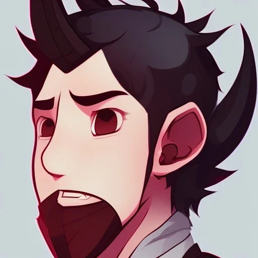 anime discord profile picture of man with short black hair with red streaks, with dragon horns on top of his head, looking mischievous