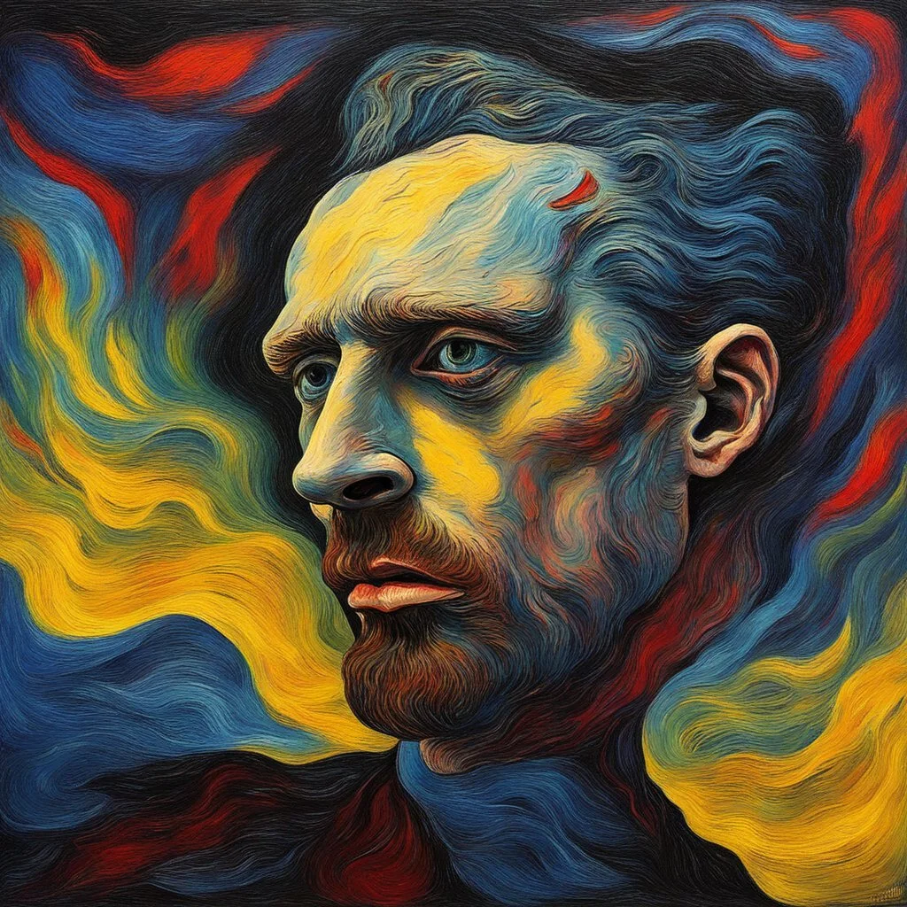 Dark and abstract depiction of a mental crisis, using oil painting style inspired by Vincent Van Gogh's "Starry Night", with chaotic brushstrokes and vibrant colors to convey the intensity of emotions. The central figure is a distorted self-portrait of the artist, surrounded by swirling clouds and ominous shadows.