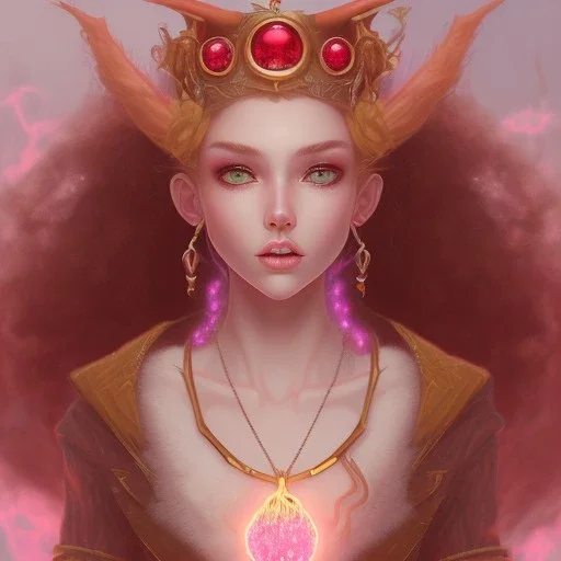 Fire witch, sweet looking, intimidating beauty, young, round face, pale blushing freckled skin, wild curly pink hair, red color eyes, wearing a pink witch hat, wearing a glowing pink and red crystal necklace