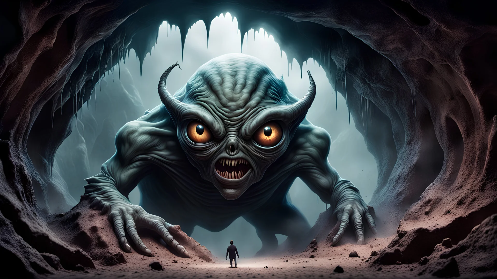 A realistic airbrush illustration of an evil alien environment with a scary, evil creature with extremely detailed and oversized bulging, eyes looking into a large cave, splatter, science fiction, fantasy, phenomena, supernatural, nikon80d, no grain