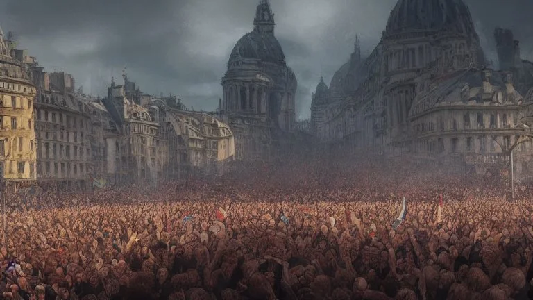 Macron dans une manif, concept art modern photorealistic, in the style of , Deviant art, natural lighting sunlight, Octane iintricate scenery hyper realistic ultra realistic