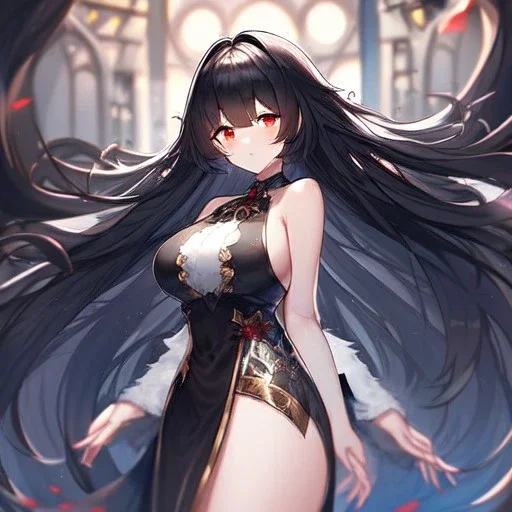 Clear focus, high resolution, black long fluffy hair, red eyes, wearing a detailed outfit