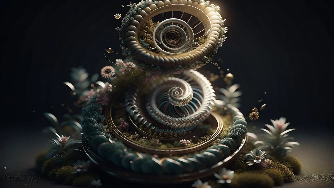 A genetically engineered plant emerges from a mesmerizing spiral, inspired by E. T. A. Hoffmann. This intricate 3D render depicts a fusion of primitivism and biochemistry, showcasing a fascinating blend of RNA bioweapons, xenobiology, and the morphing DNA helix. The image portrays a bioorganic concept of a mechanically evolved life form, born out of DNA experiments.