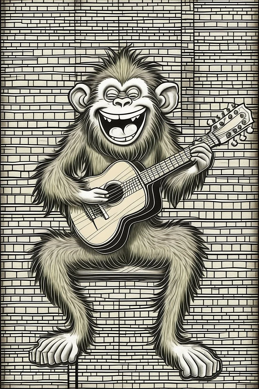 Outline art of laughing monkey with hair texture holding a guitar sitting on a chair and brick wall background