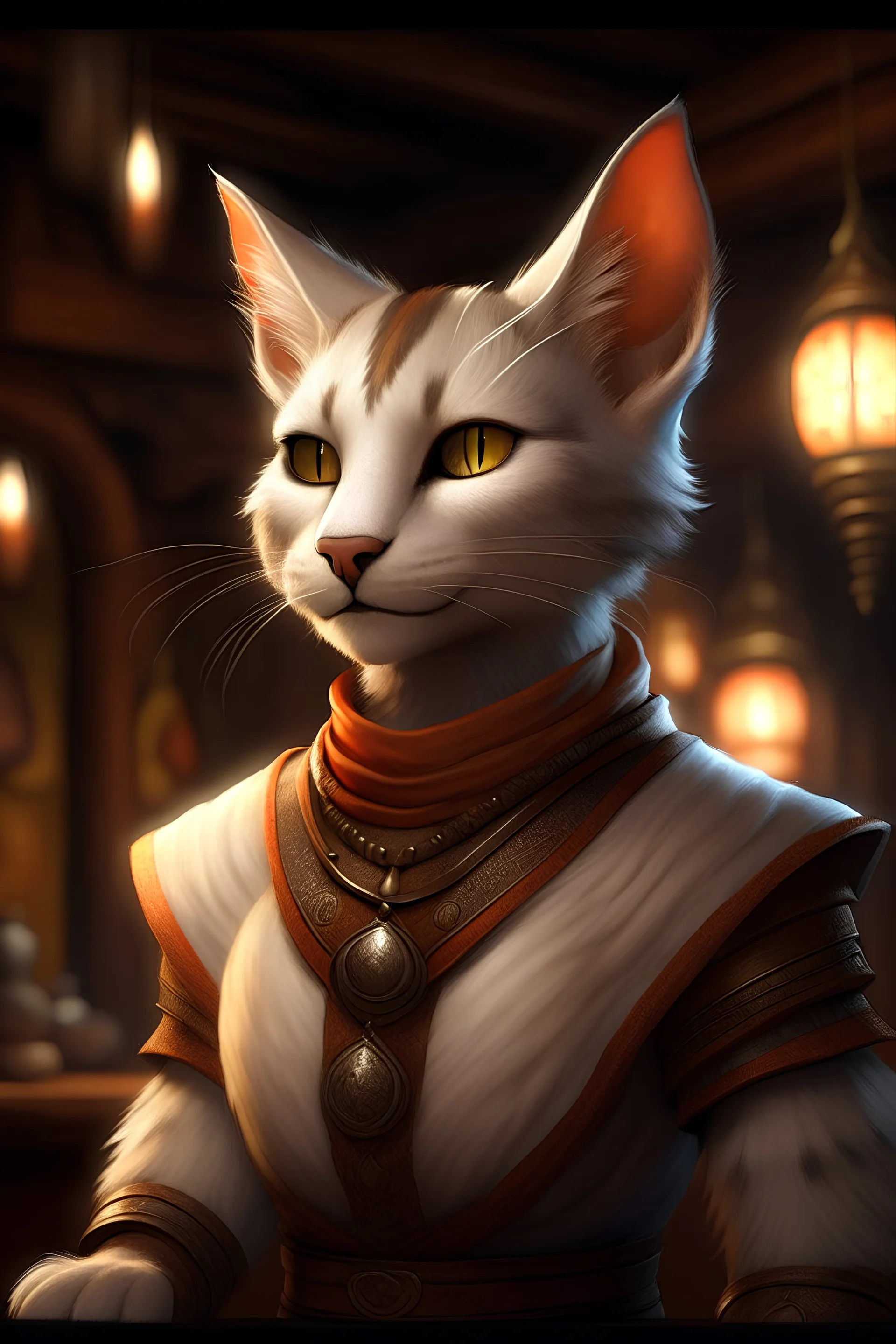 portrait of a Tabaxi female barbarian in D&D style, light grey orange white fur, feline facial features, intricate costume design, fantasy tavern background, patrons and wood-beamed ceilings slightly out of focus, candlelight casting a warm glow, ultra realistic, highly detailed, dramatic lighting, facing front