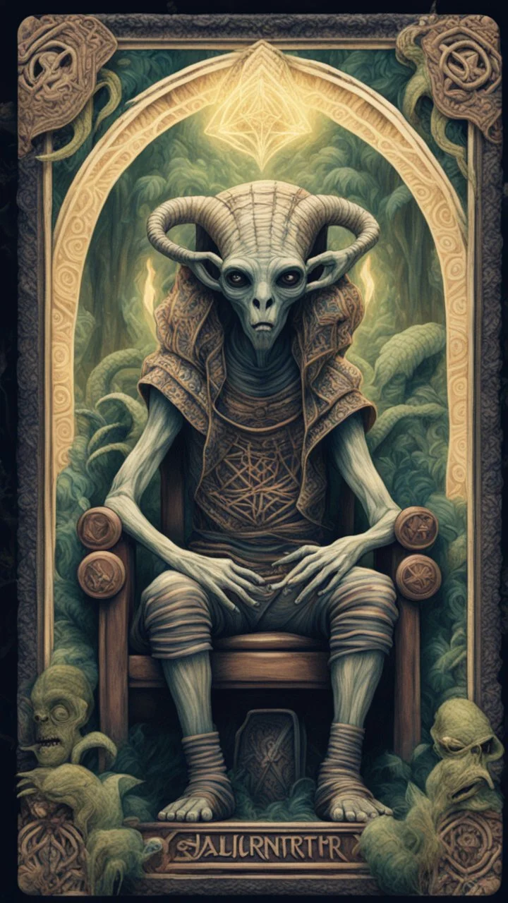 Pans labyrinth, framed playing card illustration, close up portrait of a happy blessed immaculate dissolved ancient magical scaly slimy weird alien mad max soldier posing for photo shoot on a throne, holding a burning sceptre, in a space alien mega structure with stairs and bridges woven into a sacred geometry knitted tapestry in the middle of lush magic jungle, bokeh like f/0.8, tilt-shift lens 8k, high detail, smooth render, down-light, unreal engine, prize winning