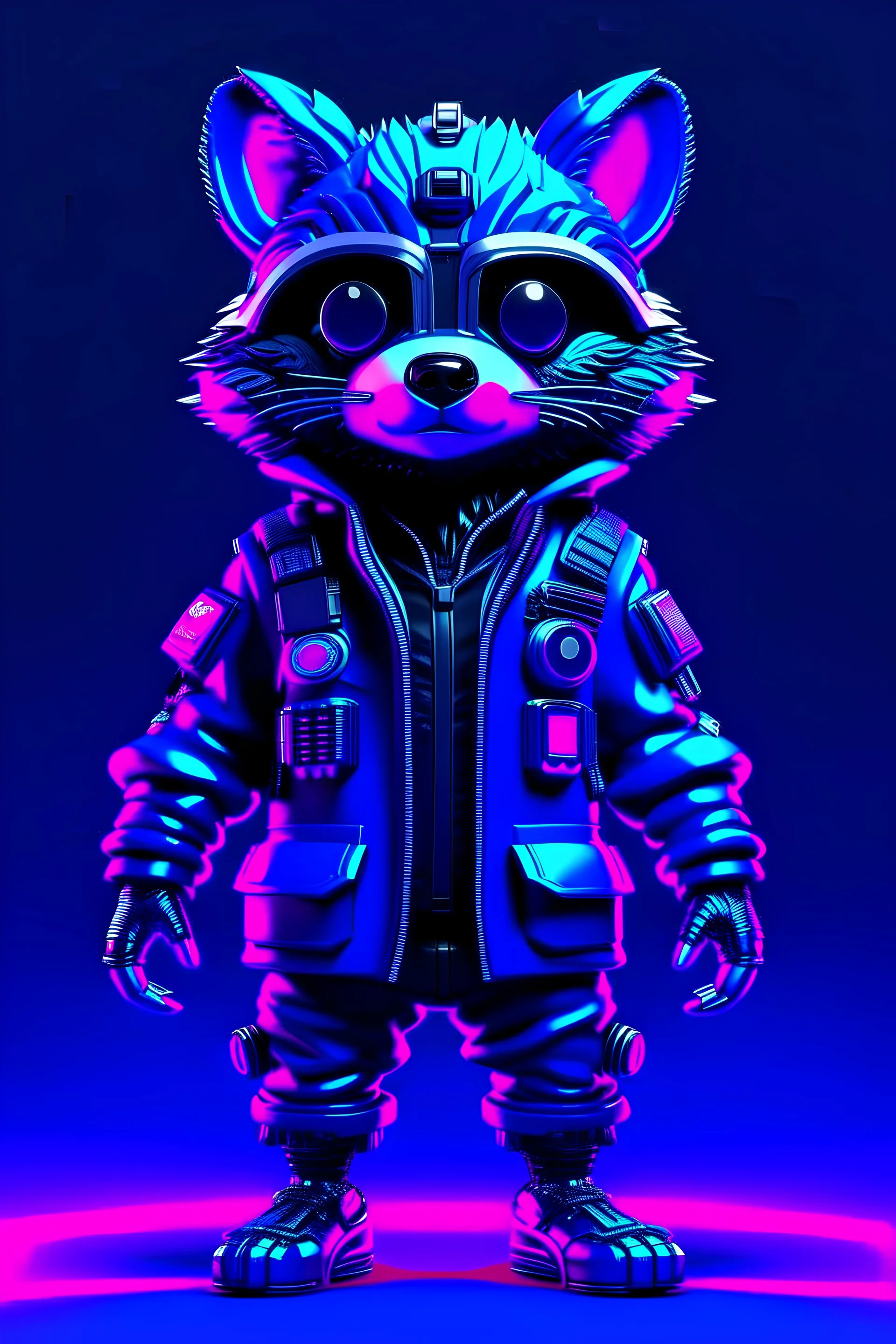 isometric view of a chibi cute hyperrealistic futuristic soldier raccoon wearing cyberpunk jacket. Cinematic, hyper detailed, black neon background , highly detailed, zoomed out,