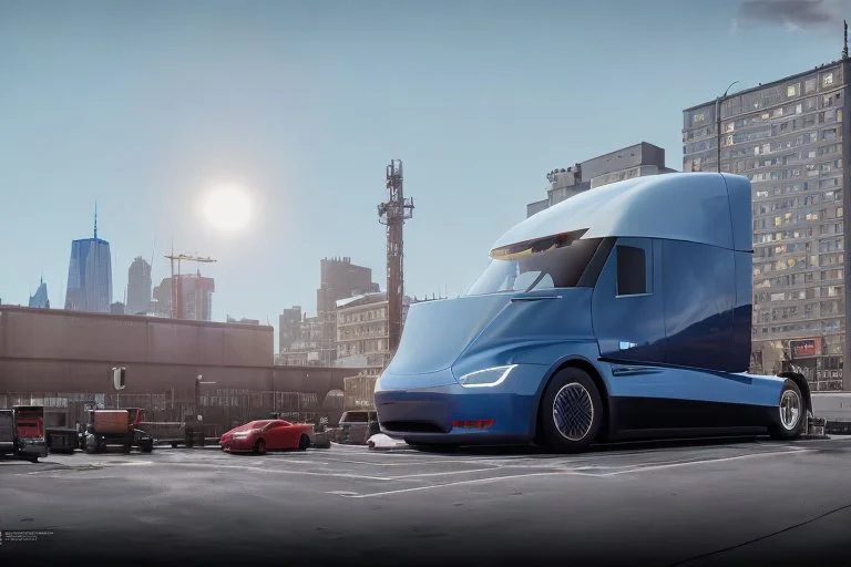 A Tesla 'Semi' (semi truck) is parked, near the 'Pier 11' in Manhattan. (CINEMATIC, WIDE ANGLE LENS, PHOTO REAL)