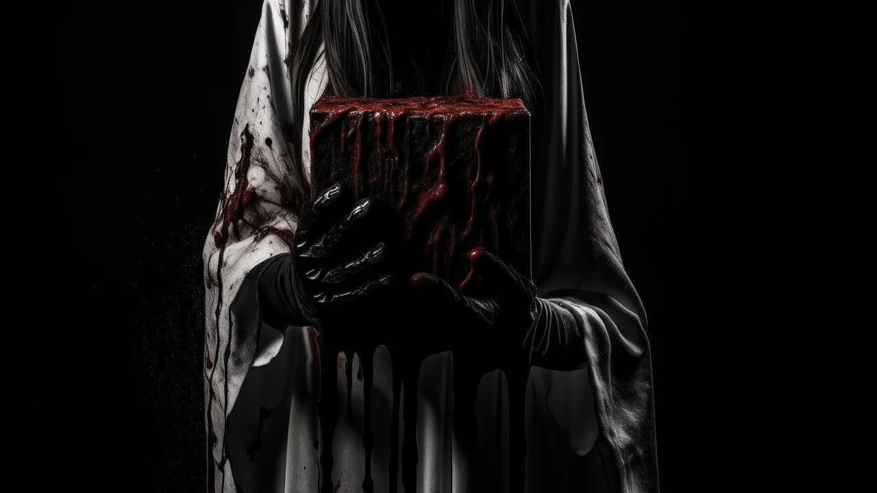 a faceless woman covered in blood holding up a black rectangular box