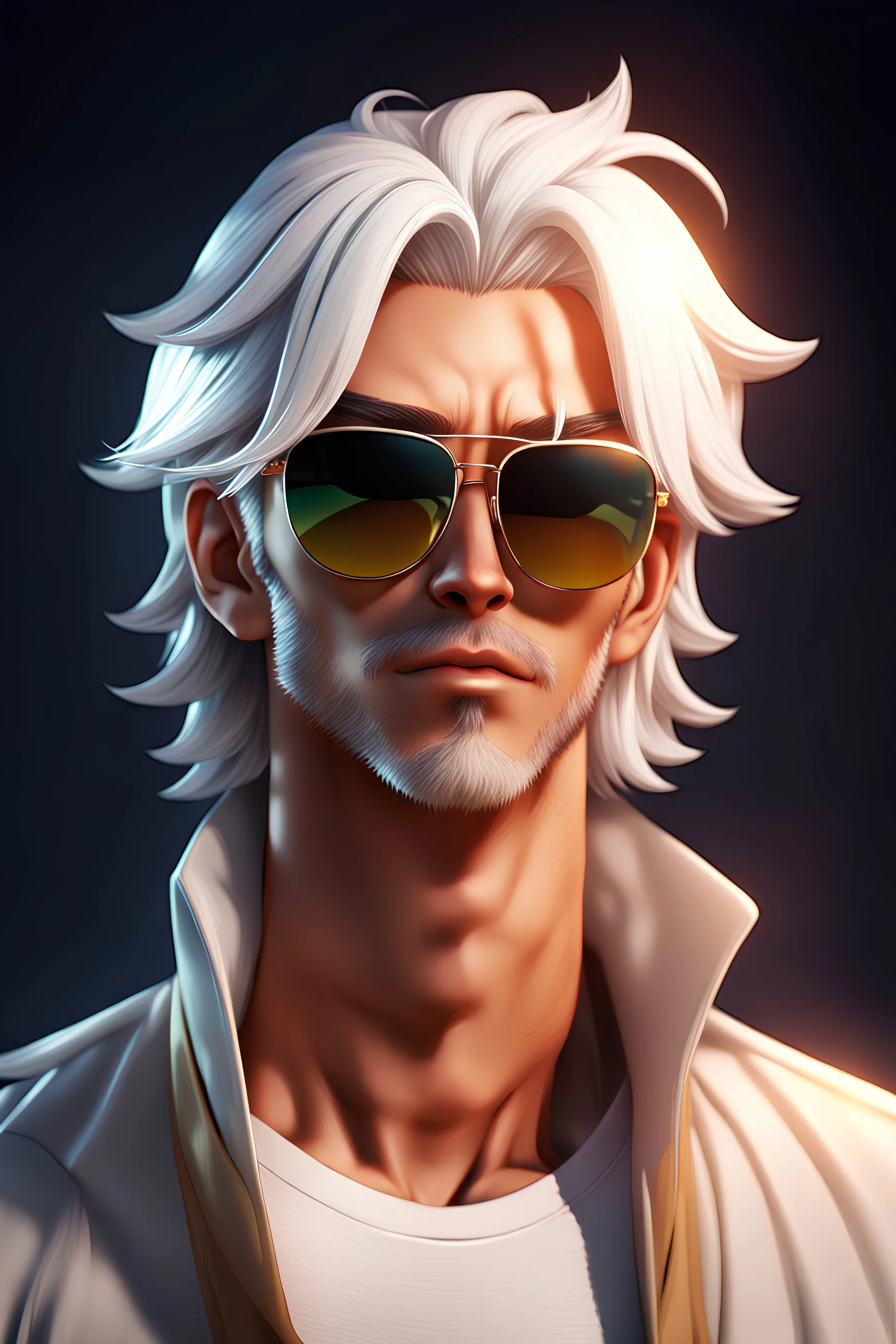 8k dimension, high resolution, ultra quality, a glamour white-haired and tan-skinned male character with sunglasses, portrait, anime style.