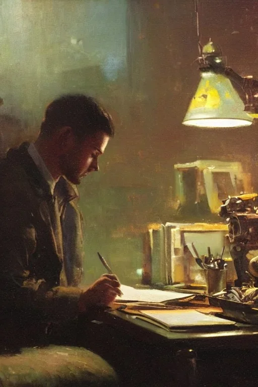 a painting of jeremy mann, a close up view of a young man writing on desk, dramatic vignette, dramatic lighting, afternoon dim light, dreamy, misty, desaturated, ominous, depressing, unsettling, creepy,( ( ( ( ( 1 9 5 0 s retro future robot android muted colors. ) ) ) ) ) by jean - baptiste monge!!!!!!!!!!!!!!!!!!!!!!!!!!!!!!