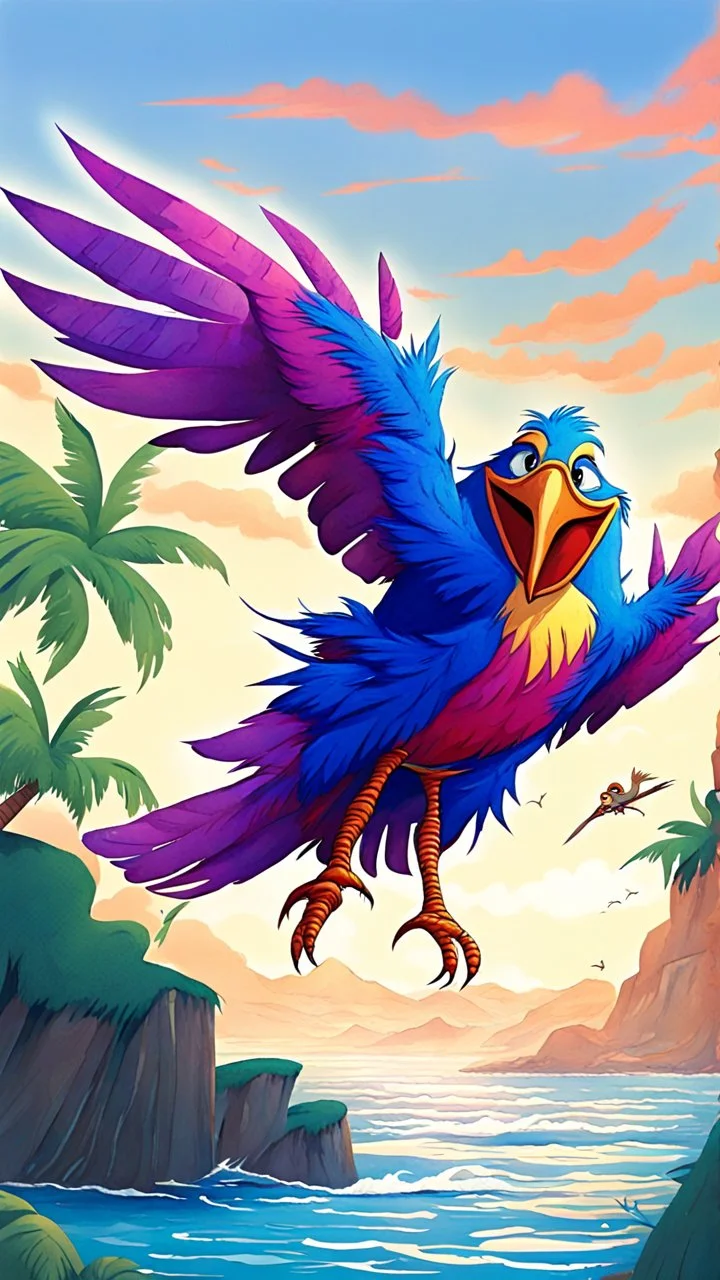 first adventure, Sinbad encountered a giant bird with colorful feathers. It snatched him up and carried him to a remote island. With his quick thinking, Sinbad befriended the bird and learned its language.