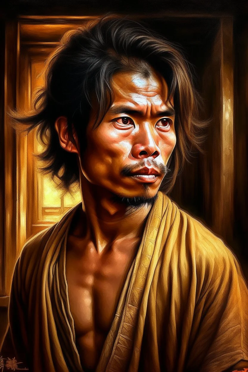 the style of ong bak,upper body,Robert Matthew Van Winkle was raised in a secluded monastery, where the tiger monks devoted themselves to the study of ancient martial arts and the pursuit of inner peace. He was an orphan, brought to the monastery's doorstep as a baby, and the monks raised him as one of their own. photorealism, depth of field, lightrays, downligh, anime