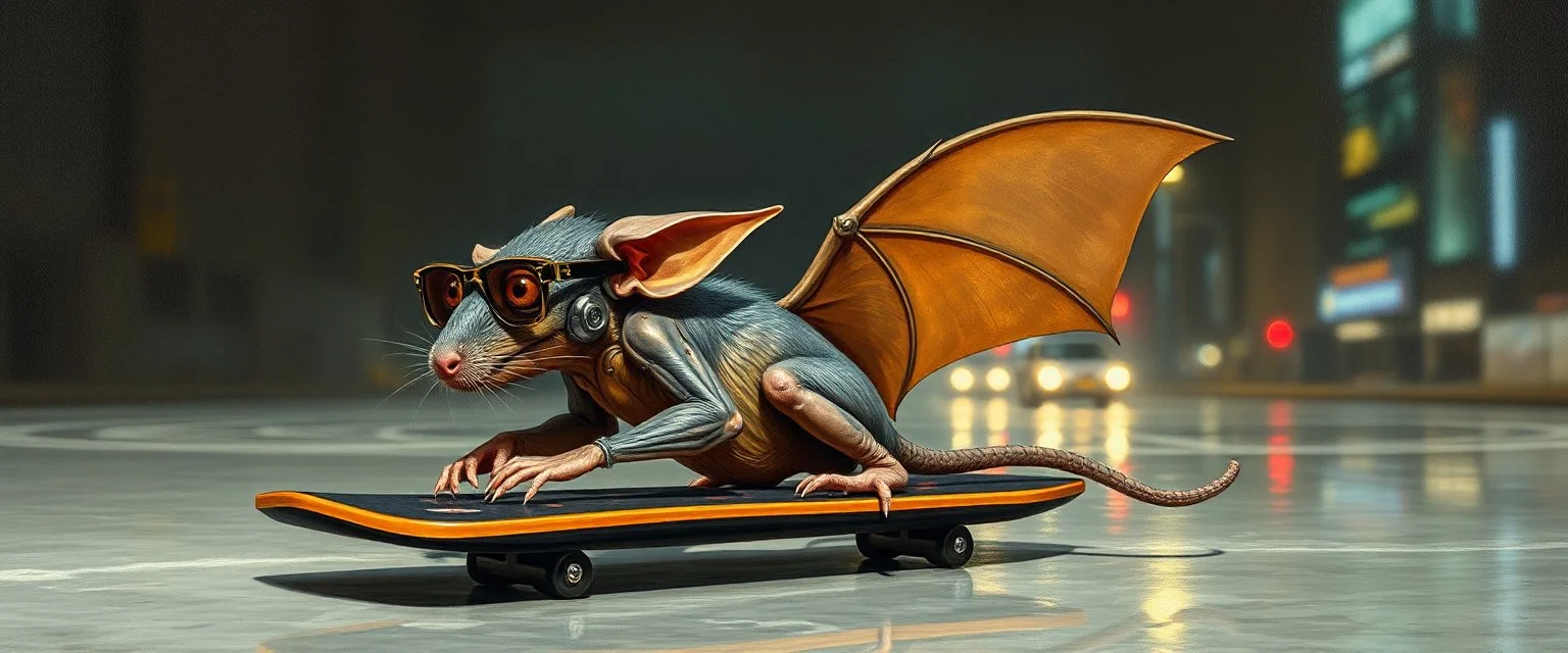 master oil painting by Rembrandt,the tilted quilter,glasses and ticks, cyberpunk imagery synchronized mechanical gremlin rat bat laying low, drumming kit flat board trike flickering stable core, wet reflective salt flat city, fast motion blur background, translucent tubes