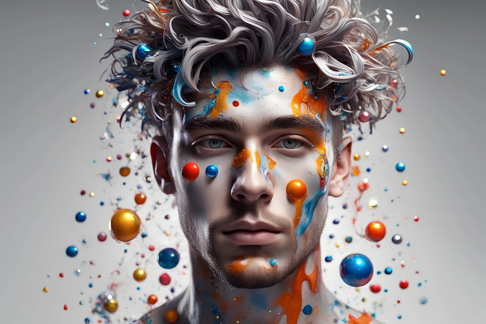 PAPERCUT 3d photo realistic portrait of young man, fantasy, handsome, hard eyes, glossy streaks of paint, paint blobs, shiny white transparent skin, shiny molten metalics, baubles, wild hair, high definition, octane render, 64k, 3d