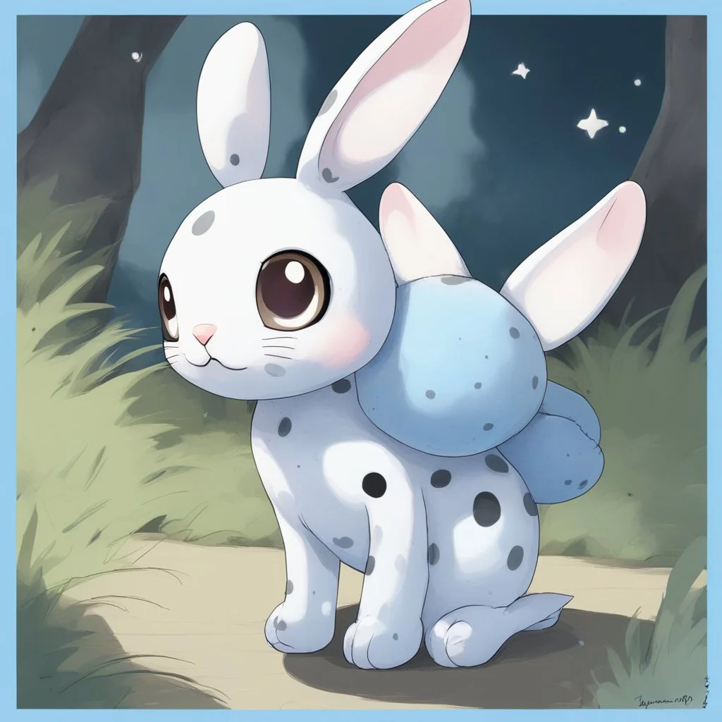 Appearance: Binomi is a small, round creature that resembles a cute ball. Color: Its primary color is light blue, with small white spots that look like stars. Eyes: It has large, round eyes that reflect innocence and curiosity. Ears: Its ears are small and pointed, resembling rabbit ears. Legs: It has short, chubby legs, which make it look funny when it moves. Tail: Its tail is short and fluffy, adding a touch of cuteness to its appearance. Expression: It wakes up with a sleepy and f