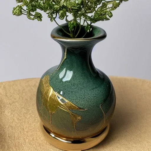 photo of a small cracked ceramic vase repaired with gold, kintsugi, lush greenery, natural setting, beautiful landscape photography, beautiful, vines and leaves, rosebuds, delicate, cinematic, high detail, beautiful composition, delicate arrangement, aesthetic, soft lighting, award winning photography, tender