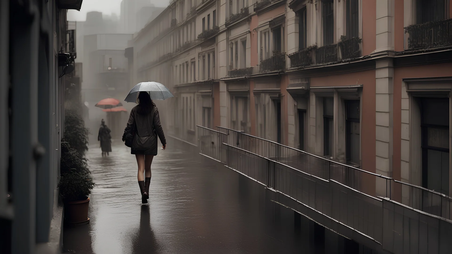 "Generate a hyperrealistic photo of a girl walking in the rain on the street, captured from a balcony in a building. Pay attention to realistic details such as raindrops, puddles, and urban lighting. Capture the authenticity of the scene, including the girl's facial expression, wet clothing texture, and reflections. Use high-quality rendering techniques for a visually striking and emotive portrayal of this urban rainy moment."