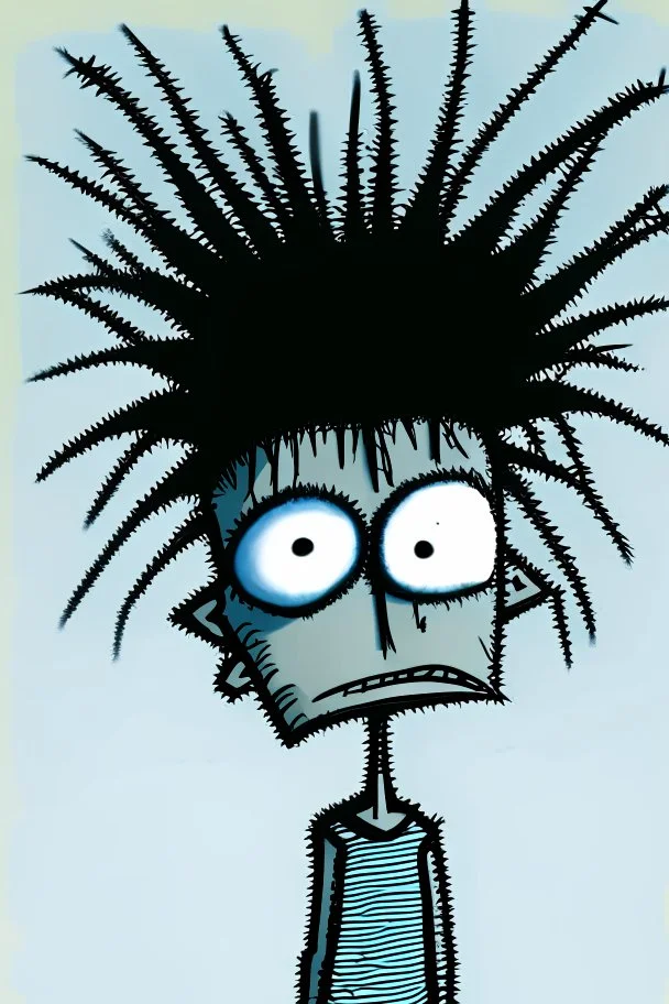 2d drawing of a stickman, cool with punk hair, x eyes like in hangman, just woke up, sleepy,3d realistic in colour