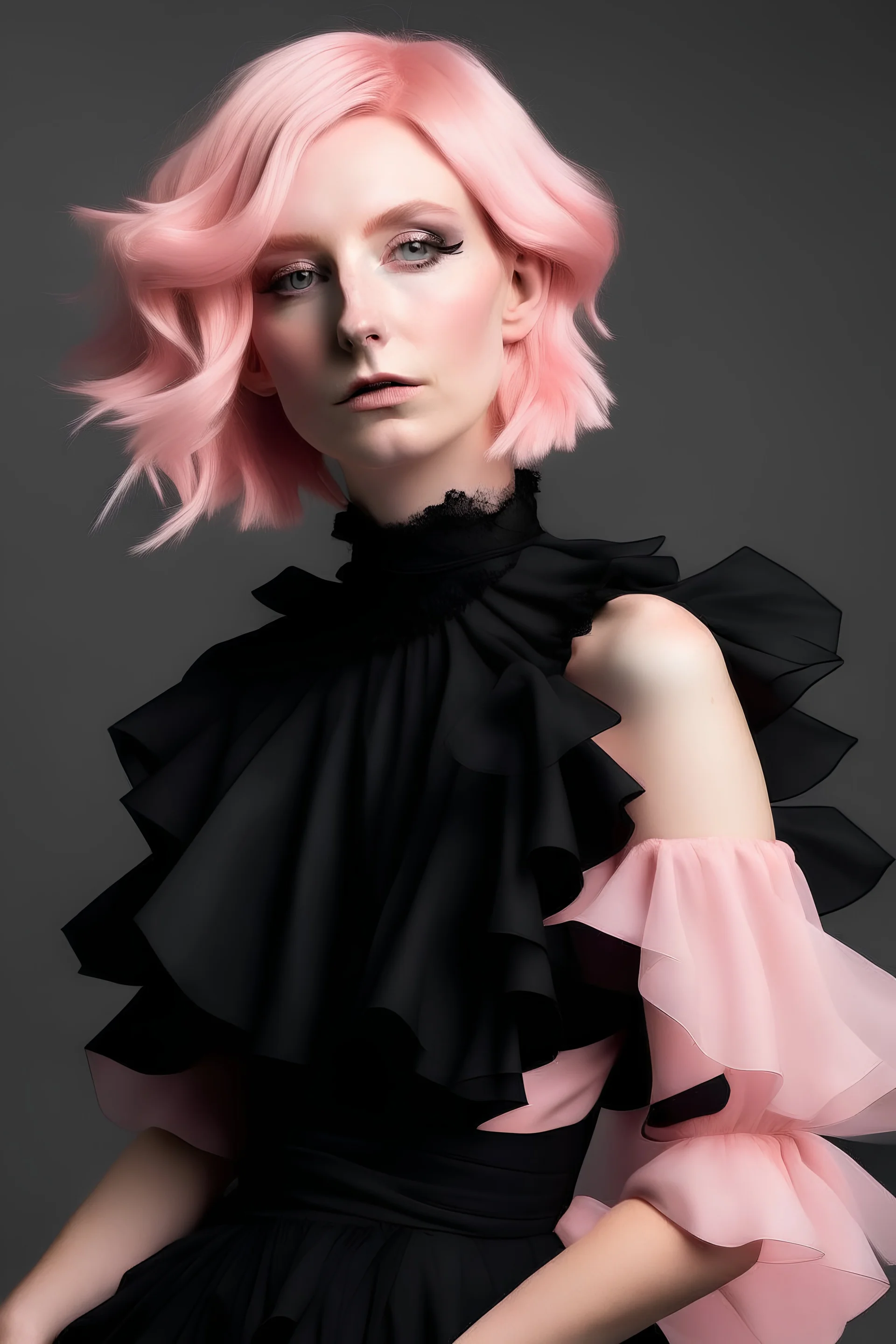 Pale pink Hair fashion model wearing a ruffles pink and black voile dress
