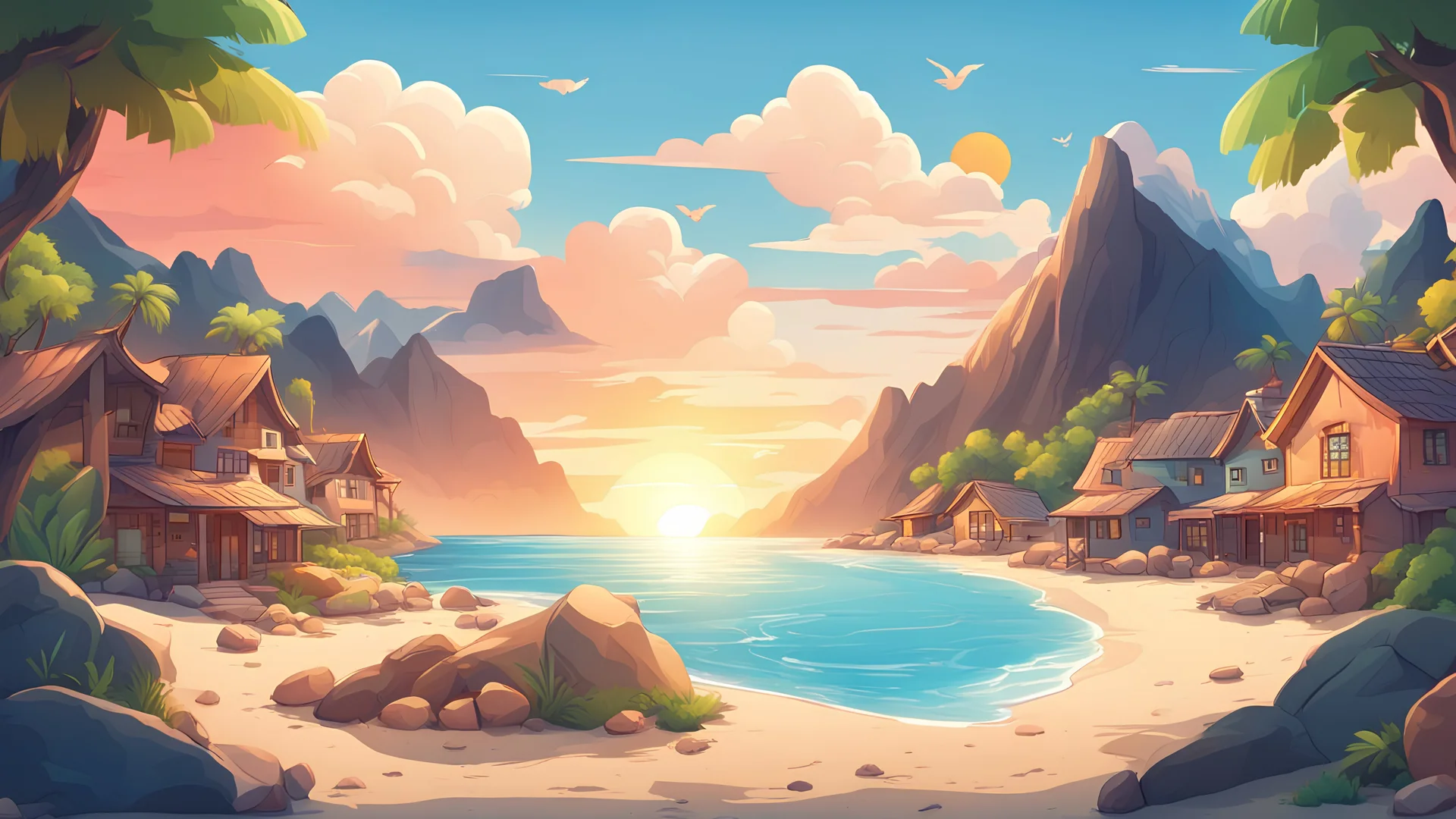 A village with nature, mountains and blue skies surrounding a beach with a beautiful sunset style cartoon