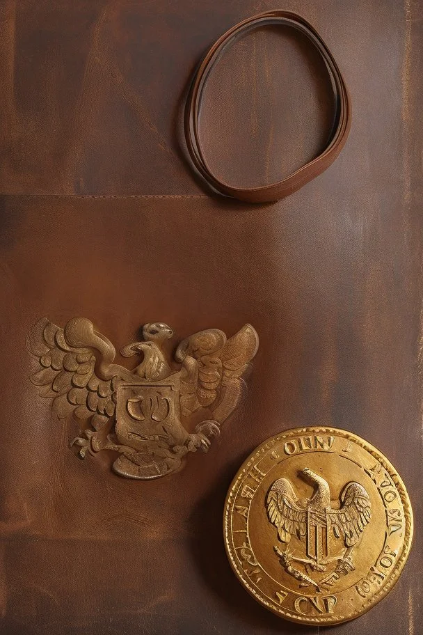 in the BASEMENT there is an old, broken brown oblong leather chest with short handles, with a hole on the side, gold coins from the time of Catherine the Great fall out of it. The ancient coat of arms of tsarist Russia, the double-headed eagle, is BARELY VISIBLE on the bag. All in high quality 8K